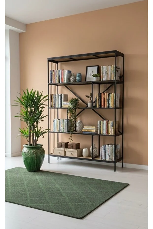 Dekoratif Lüx 5 Raflı Kitaplık Geniş Metal Kitaplık Dosya Rafı Ofis Salon Raf Ceviz